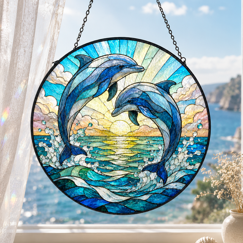 Dolphin Couple Stained Glass Suncatcher, Ocean Window Decor, Gift for Dolphin Lovers