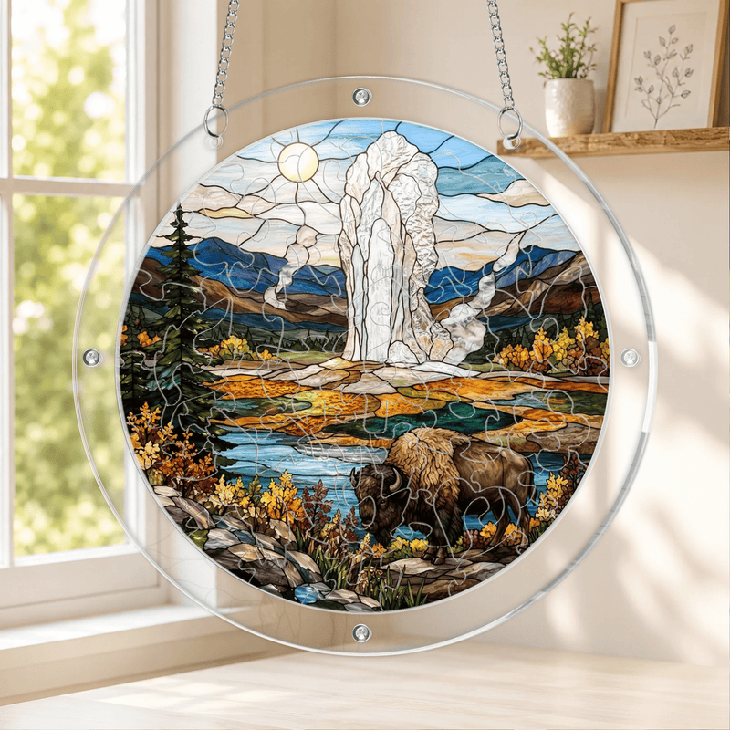 Yellowstone National Park Bison Acrylic Puzzle Suncatcher, Window Hanging Decor, Gift for Nature Lovers
