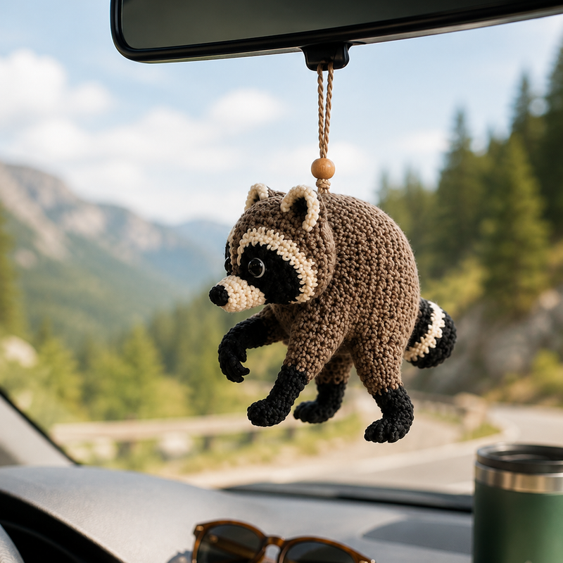 Jimothy Raccoon Crochet Keychain, Handmade Car Hanging Ornament, Cute Raccoon Lover Gift
