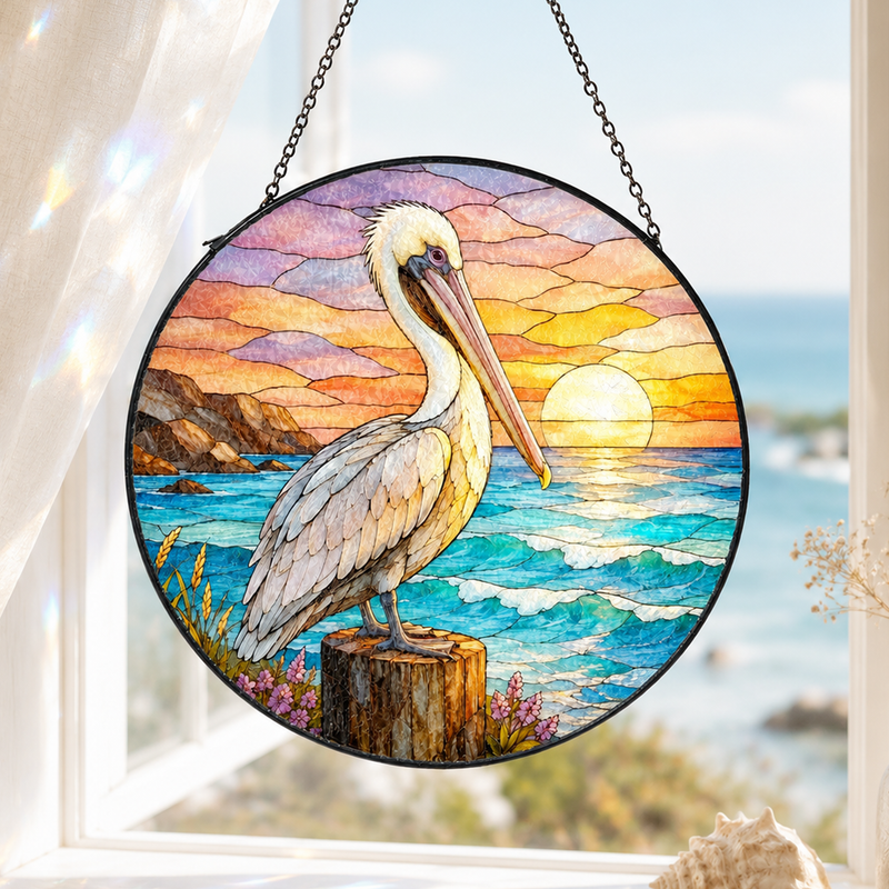 Pelican Stained Glass Suncatcher, Coastal Window Hanging Decor, Gift for Beach Lovers