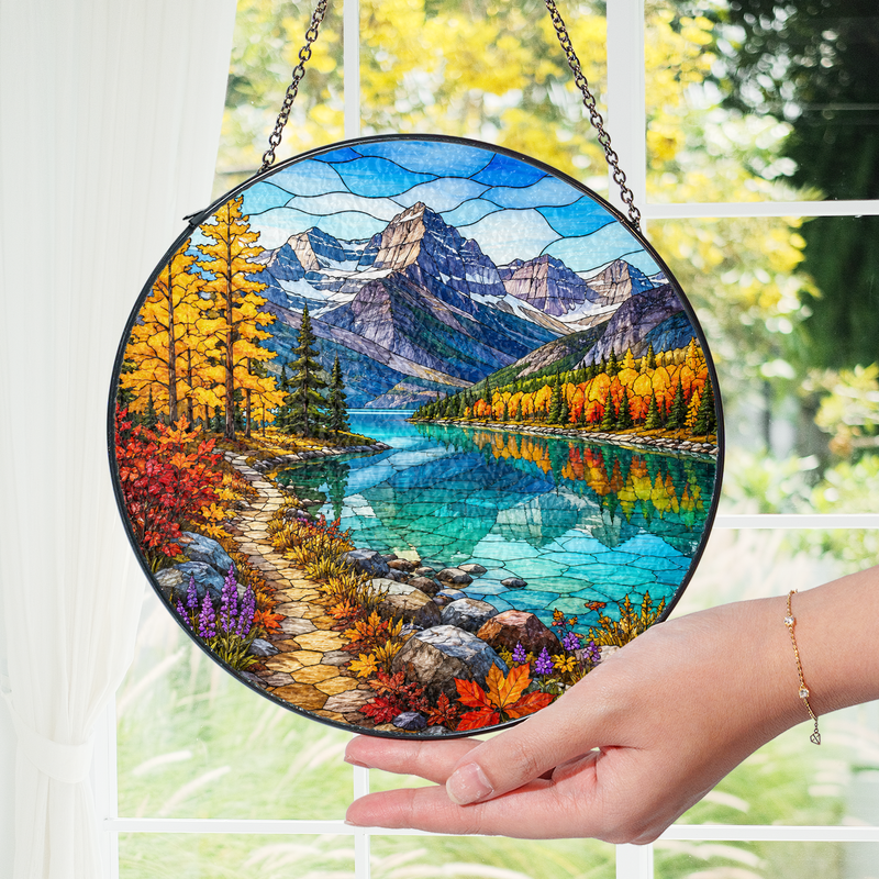 Glacier National Park Stained Glass Suncatcher, Mountain Lake Window Hanging Decor, Gift for Nature Lovers