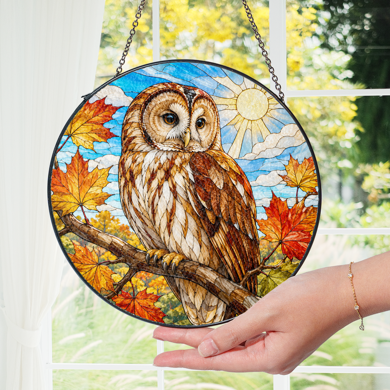 Owl Stained Glass Suncatcher, Fall Window Hanging Decor, Gift for Bird Lovers