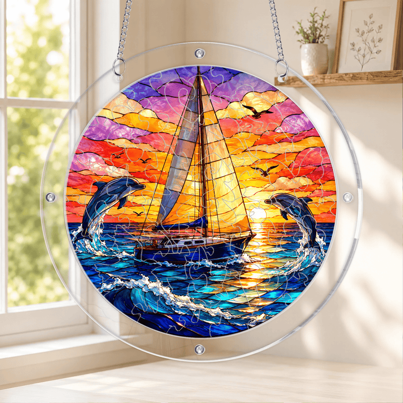 Sailboat Acrylic Puzzle Suncatcher, Dolphin Ocean Window Decor, Nautical Lover Gift