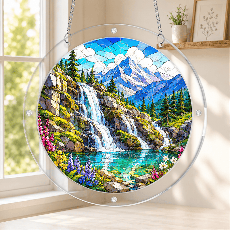 Alpine Waterfall Acrylic Puzzle Suncatcher, Mountain Window Hanging Decor, Gift for Nature Lovers