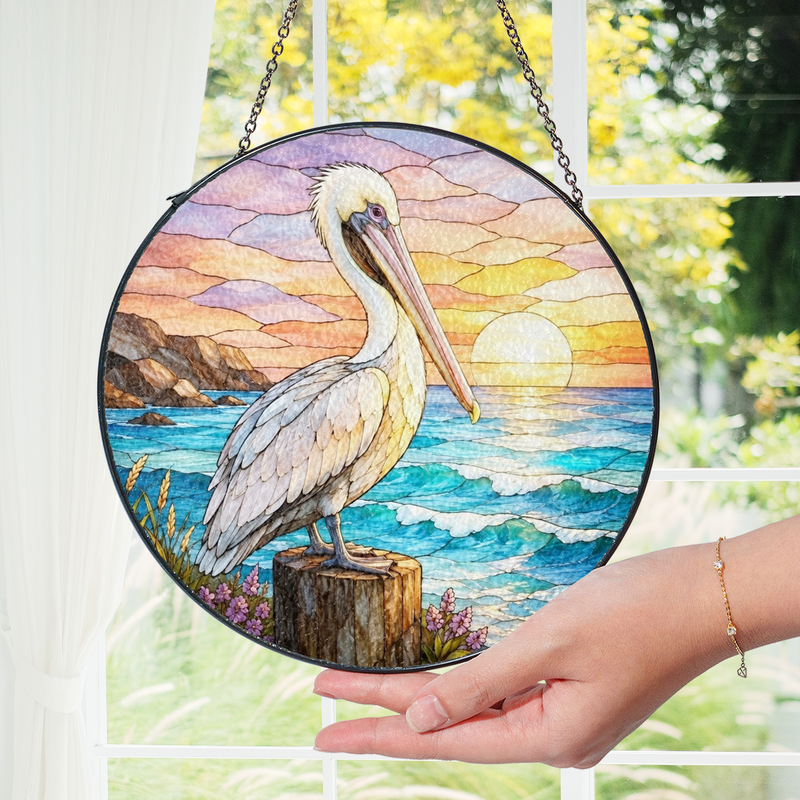 Pelican Stained Glass Suncatcher, Coastal Window Hanging Decor, Gift for Beach Lovers