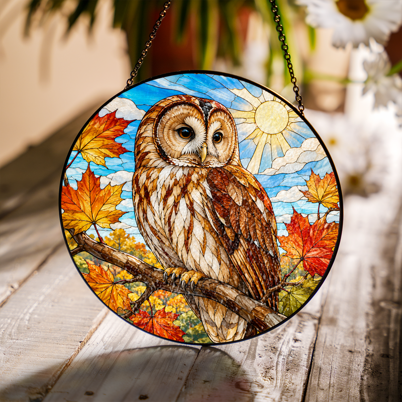 Owl Stained Glass Suncatcher, Fall Window Hanging Decor, Gift for Bird Lovers