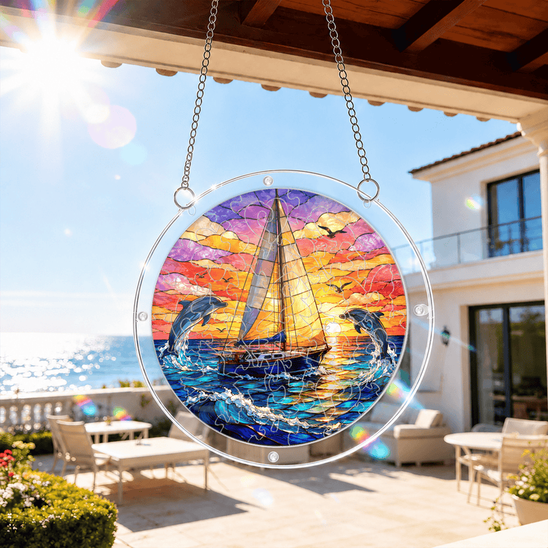 Sailboat Acrylic Puzzle Suncatcher, Dolphin Ocean Window Decor, Nautical Lover Gift