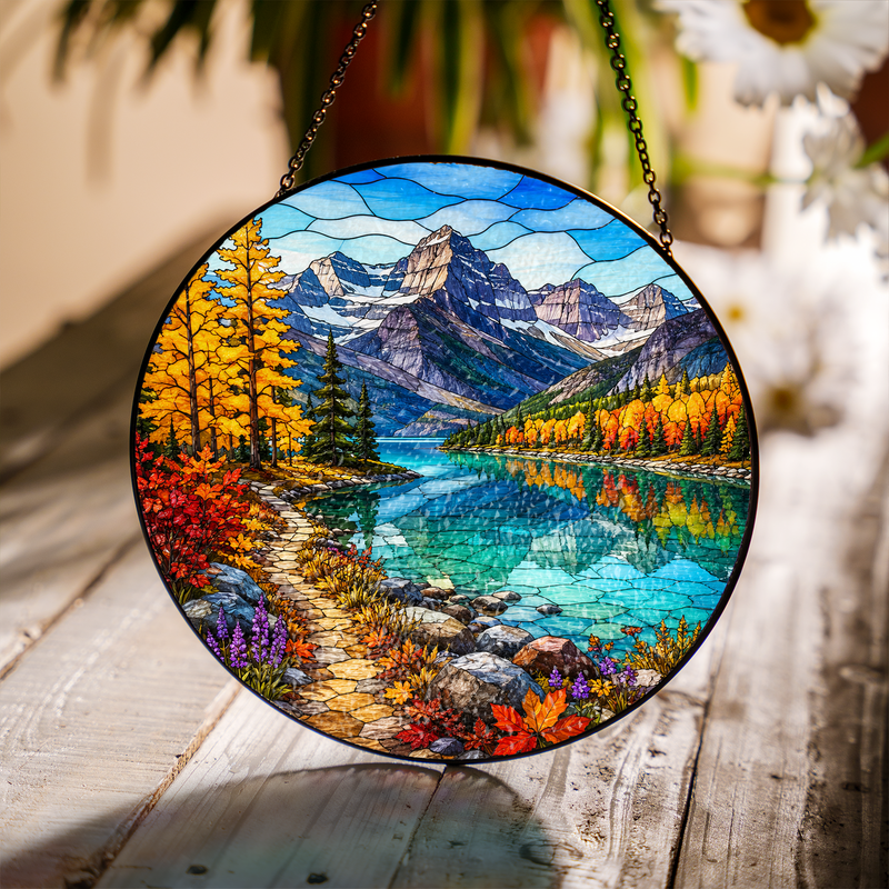 Glacier National Park Stained Glass Suncatcher, Mountain Lake Window Hanging Decor, Gift for Nature Lovers