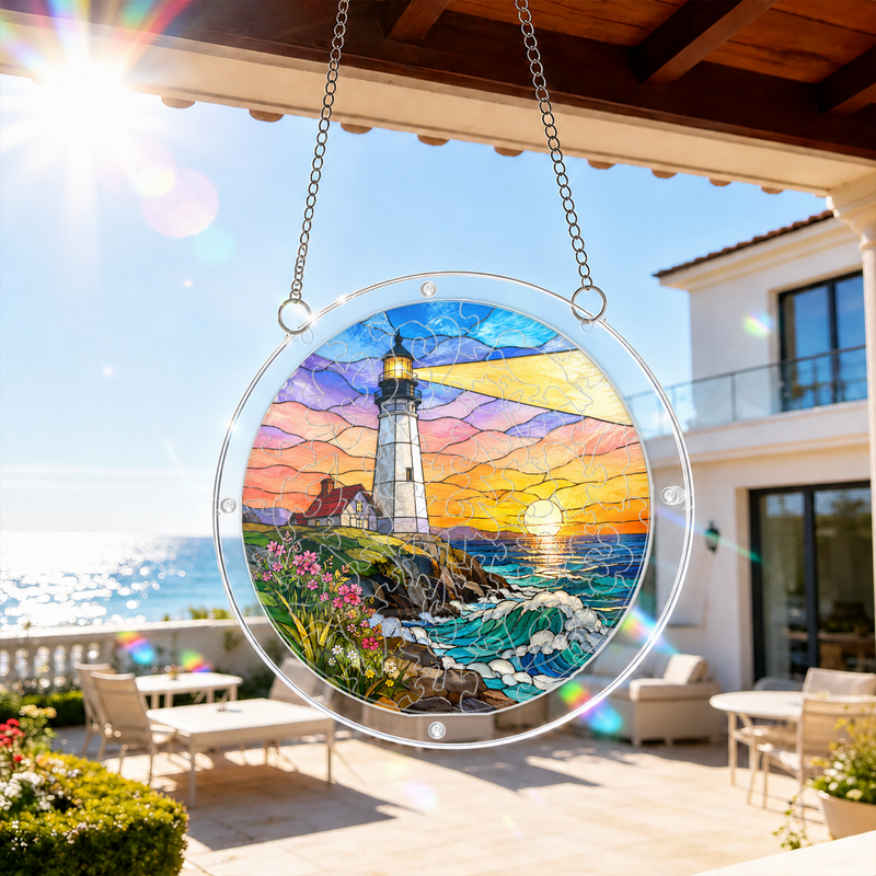 Lighthouse Acrylic Puzzle Suncatcher, Coastal Window Hanging Decor, Gift for Ocean Lovers