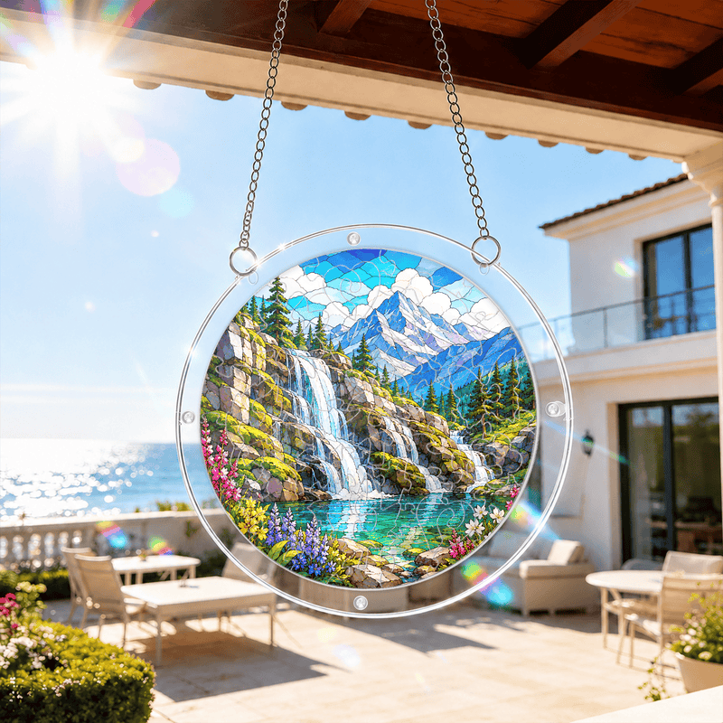 Alpine Waterfall Acrylic Puzzle Suncatcher, Mountain Window Hanging Decor, Gift for Nature Lovers