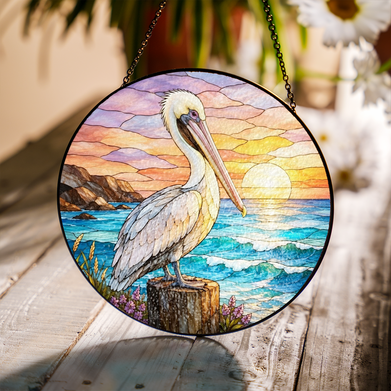 Pelican Stained Glass Suncatcher, Coastal Window Hanging Decor, Gift for Beach Lovers