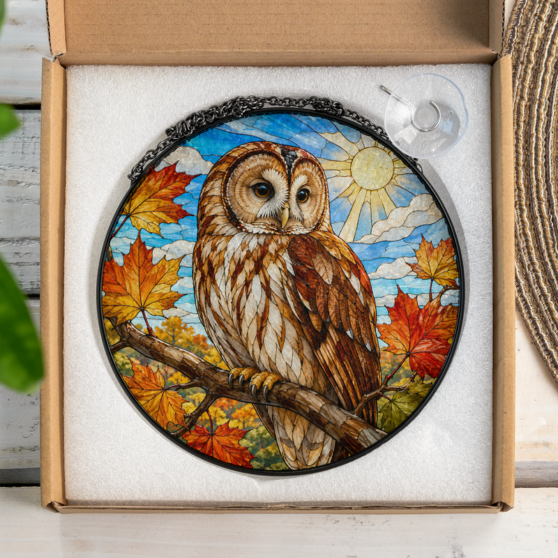 Owl Stained Glass Suncatcher, Fall Window Hanging Decor, Gift for Bird Lovers