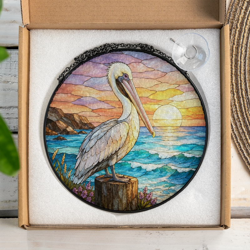Pelican Stained Glass Suncatcher, Coastal Window Hanging Decor, Gift for Beach Lovers