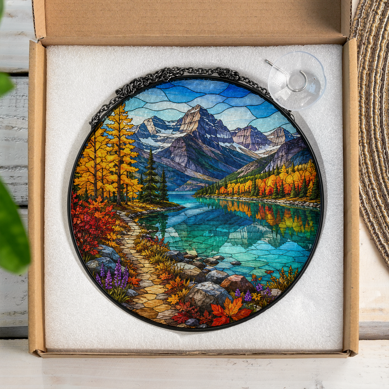 Glacier National Park Stained Glass Suncatcher, Mountain Lake Window Hanging Decor, Gift for Nature Lovers