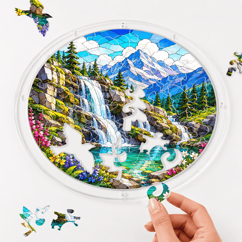 Alpine Waterfall Acrylic Puzzle Suncatcher, Mountain Window Hanging Decor, Gift for Nature Lovers
