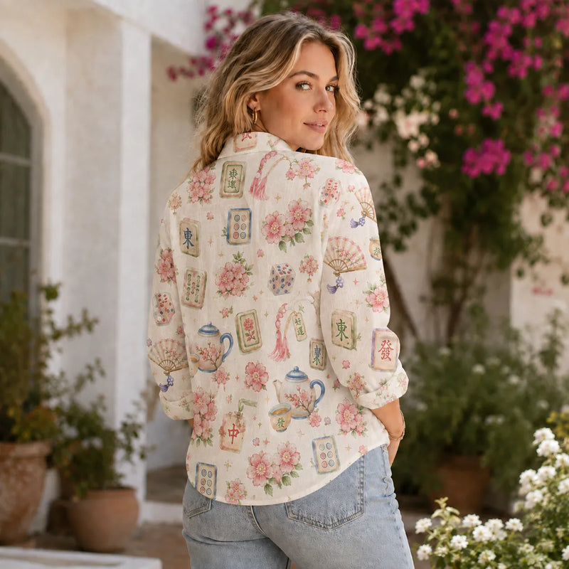Mahjong Blouse Shirt for Women, Floral Mah Jongg Lover Gift