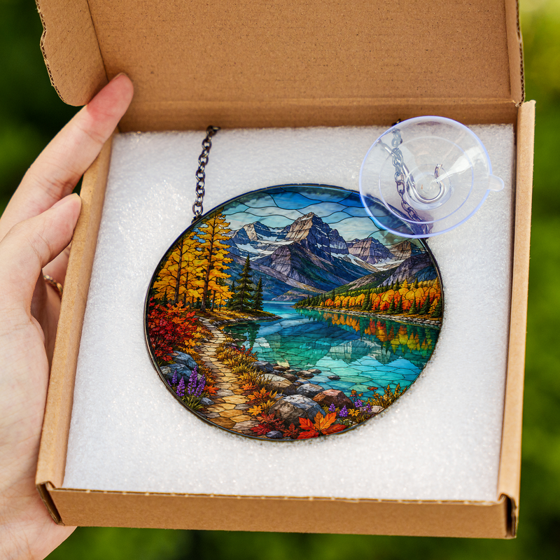 Glacier National Park Stained Glass Suncatcher, Mountain Lake Window Hanging Decor, Gift for Nature Lovers