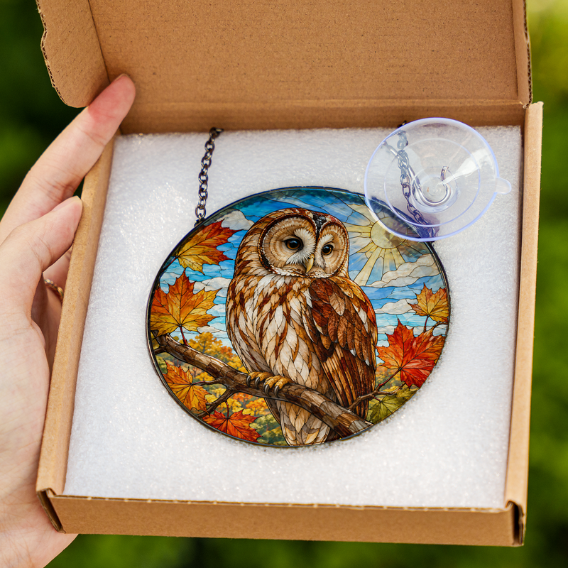 Owl Stained Glass Suncatcher, Fall Window Hanging Decor, Gift for Bird Lovers