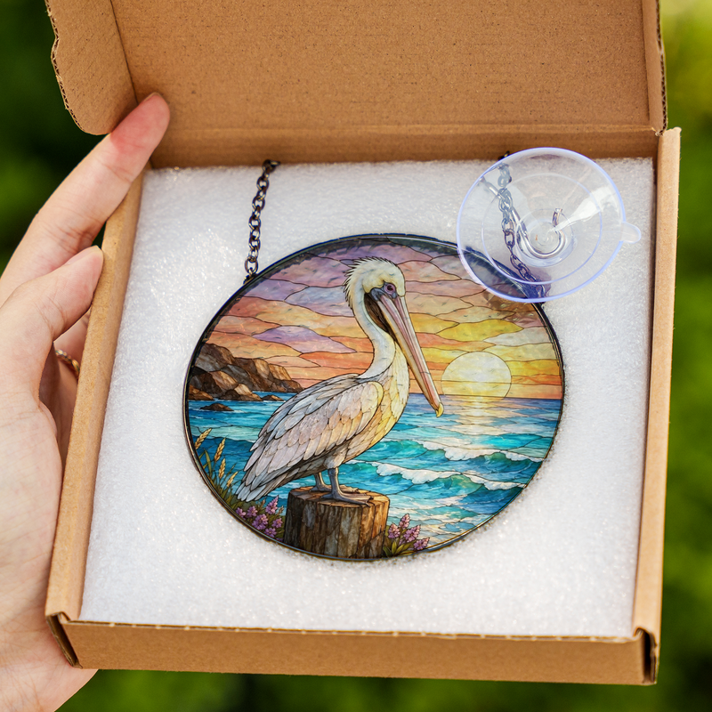 Pelican Stained Glass Suncatcher, Coastal Window Hanging Decor, Gift for Beach Lovers