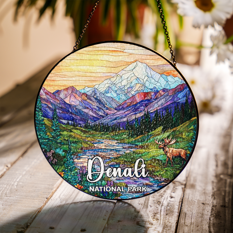 Denali National Park Stained Glass Suncatcher, Window Hanging Decor, Gift for Nature Lovers