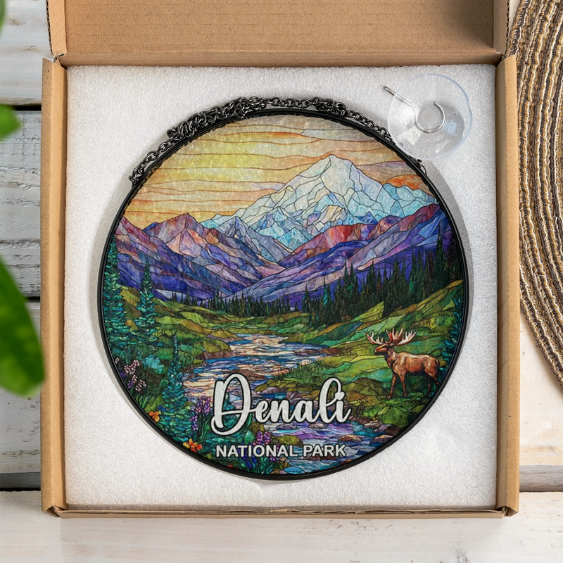 Denali National Park Stained Glass Suncatcher, Window Hanging Decor, Gift for Nature Lovers
