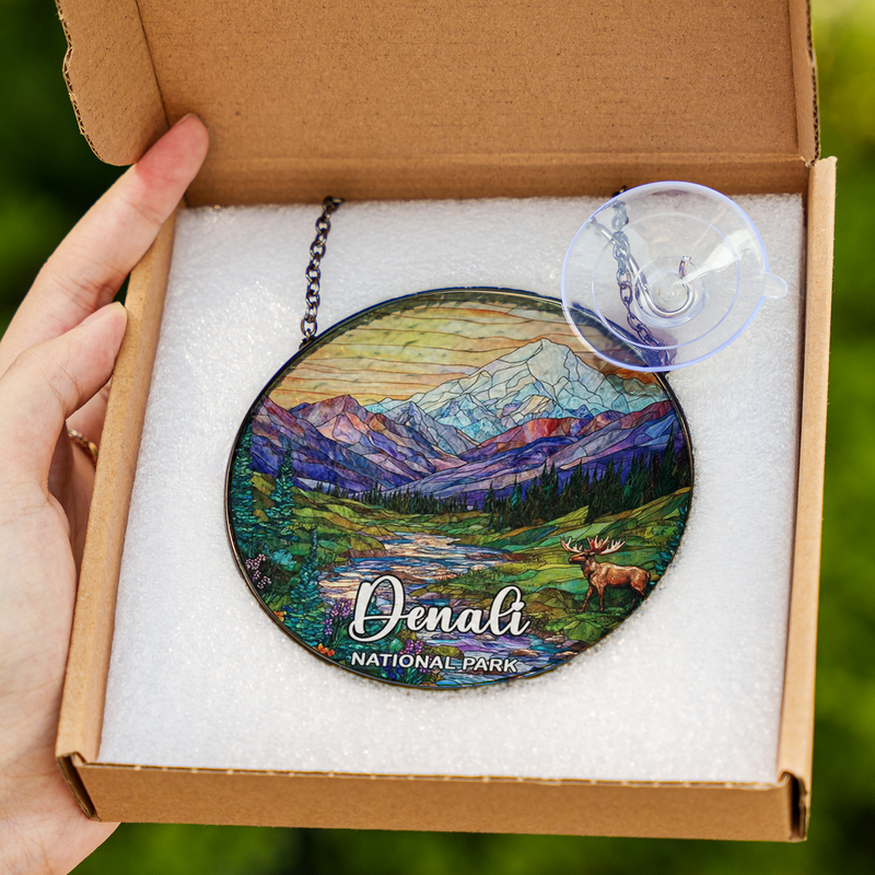 Denali National Park Stained Glass Suncatcher, Window Hanging Decor, Gift for Nature Lovers