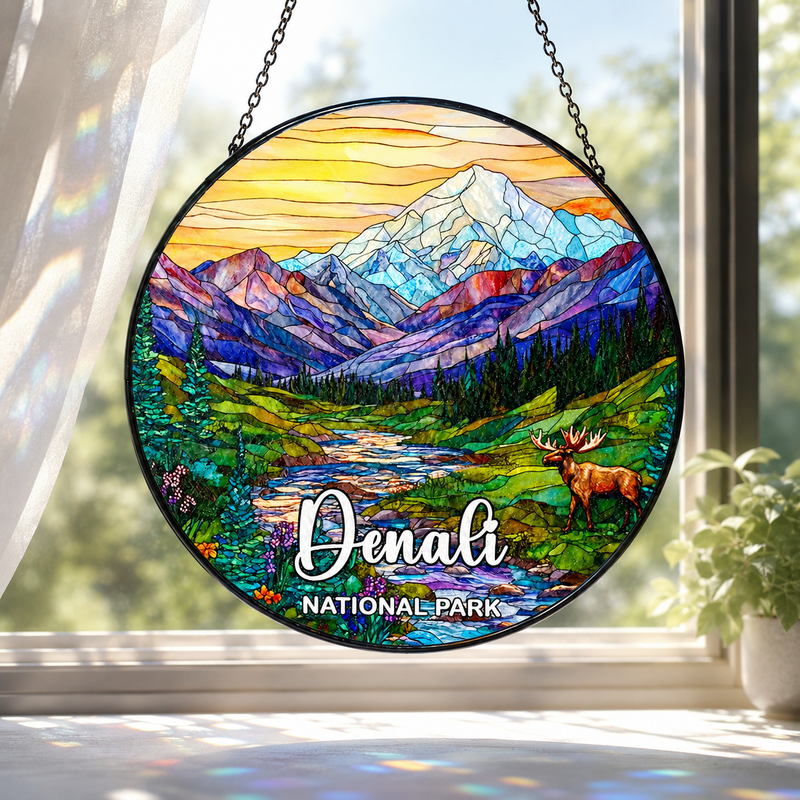 Denali National Park Stained Glass Suncatcher, Window Hanging Decor, Gift for Nature Lovers