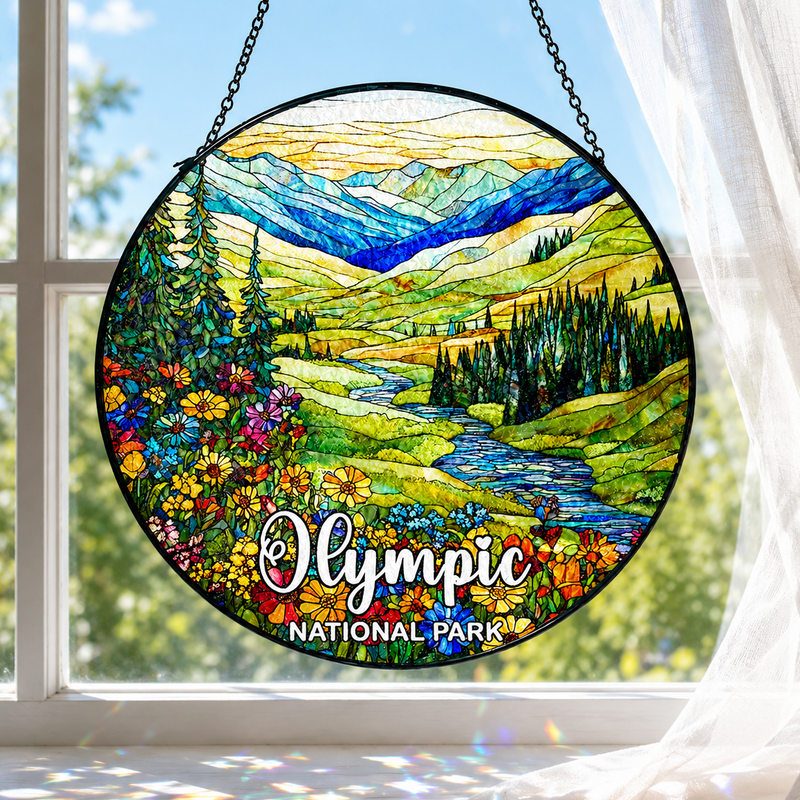 Olympic National Park Stained Glass Suncatcher, Window Hanging Decor, Gift for Nature Lovers