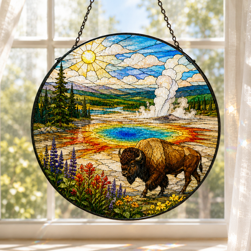 Yellowstone National Park Stained Glass Suncatcher, Window Hanging Decor, Gift for Nature Lovers