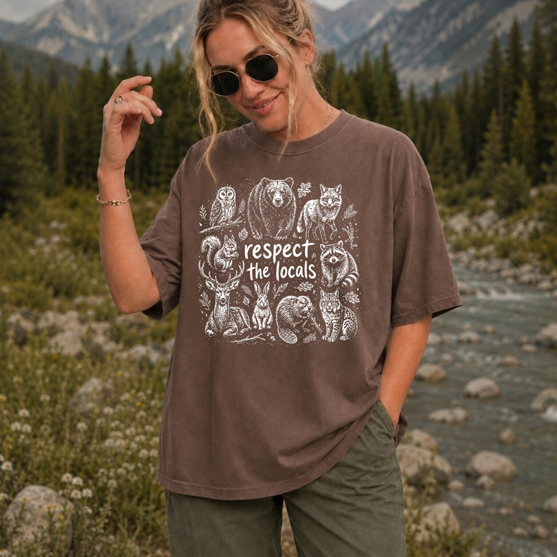 Respect the Locals Wildlife T-Shirt, Vintage Forest Animal Graphic Tee, Gift for Hikers and Campers