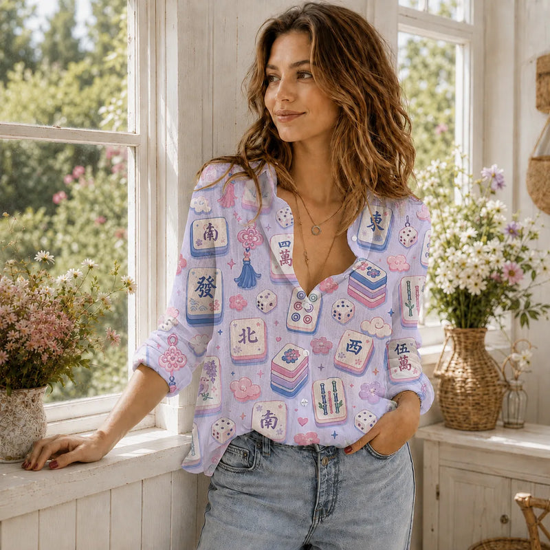 Mahjong Blouse Shirt for Women, Pastel Mah Jongg Lover Gift
