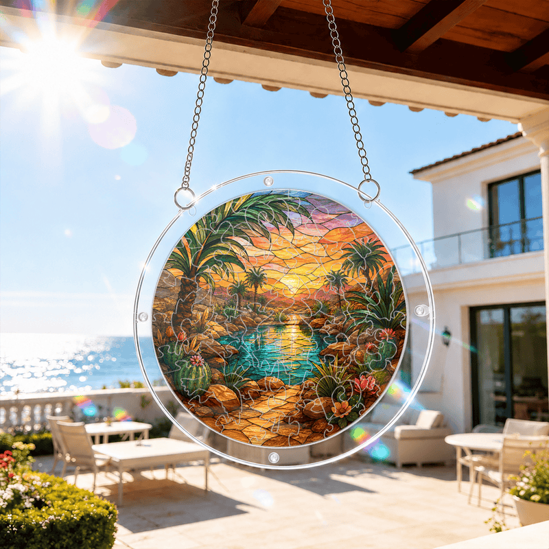 Desert Oasis Sunset Acrylic Puzzle Suncatcher, Window Hanging Decor, Gift for Nature Lovers