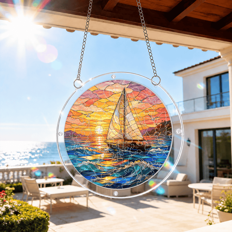 Sailboat Acrylic Puzzle Suncatcher, Ocean Window Decor, Nautical Lover Gift