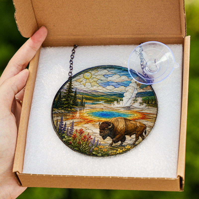 Yellowstone National Park Stained Glass Suncatcher, Window Hanging Decor, Gift for Nature Lovers