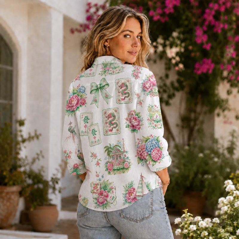 Mahjong Blouse Shirt for Women, Chinoiserie Mah Jongg Lover Gift