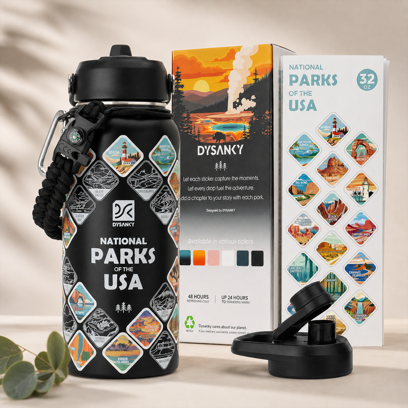 National Parks Water Bottle, Insulated Stainless Steel Bottle with 63 Park Stickers, Leakproof Lids, Hiking & Camping Gift