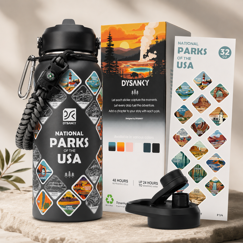 National Parks Water Bottle, Insulated Stainless Steel Bottle with 63 Park Stickers, Leakproof Lids, Hiking & Camping Gift