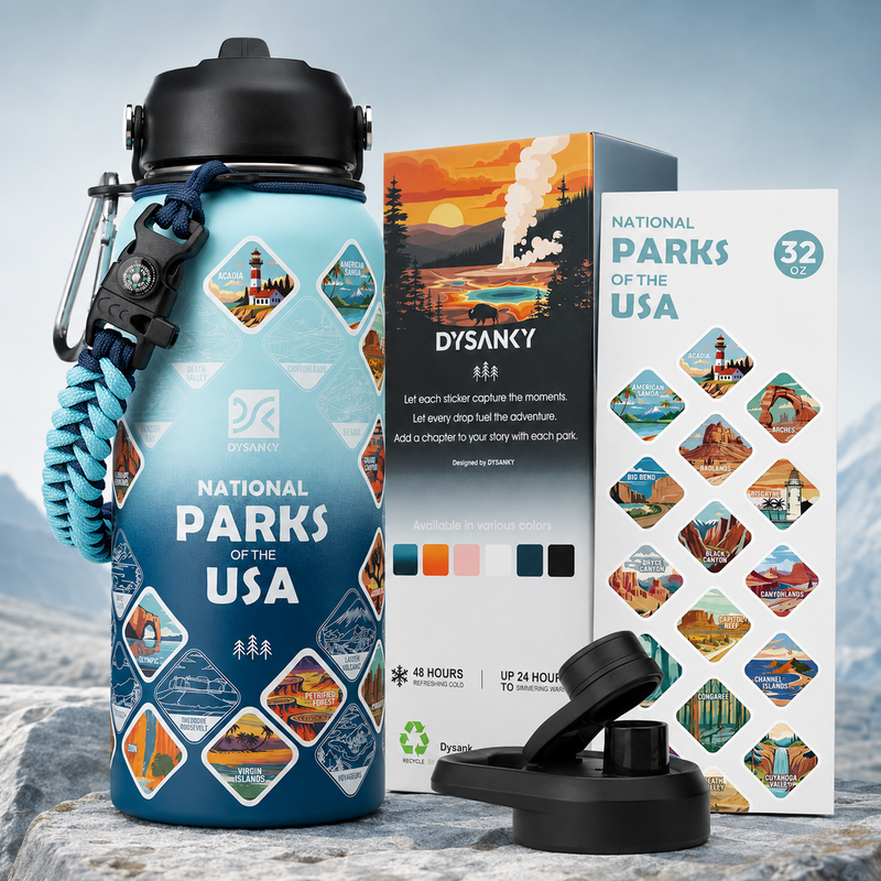 National Parks Water Bottle, Insulated Stainless Steel Bottle with 63 Park Stickers, Leakproof Lids, Hiking & Camping Gift