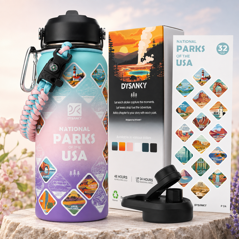 National Parks Water Bottle, Insulated Stainless Steel Bottle with 63 Park Stickers, Leakproof Lids, Hiking & Camping Gift