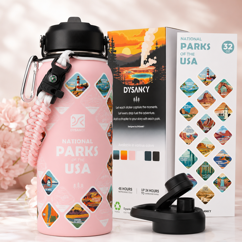 National Parks Water Bottle, Insulated Stainless Steel Bottle with 63 Park Stickers, Leakproof Lids, Hiking & Camping Gift
