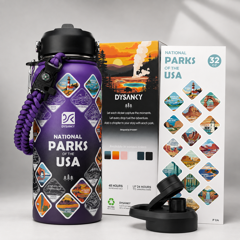 National Parks Water Bottle, Insulated Stainless Steel Bottle with 63 Park Stickers, Leakproof Lids, Hiking & Camping Gift