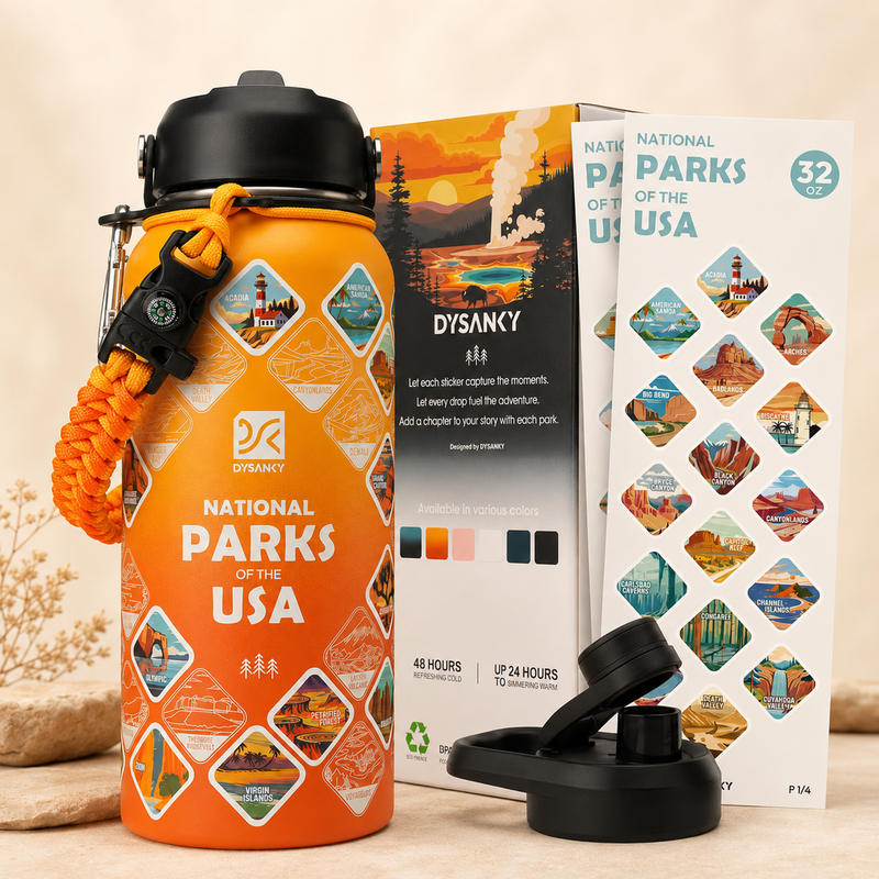 National Parks Water Bottle, Insulated Stainless Steel Bottle with 63 Park Stickers, Leakproof Lids, Hiking & Camping Gift