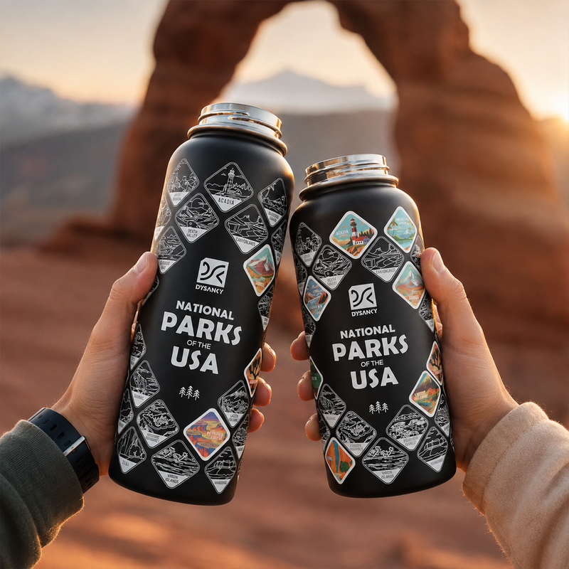 National Parks Water Bottle, Insulated Stainless Steel Bottle with 63 Park Stickers, Leakproof Lids, Hiking & Camping Gift