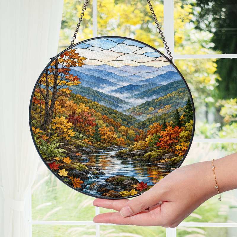 Fall Great Smoky Mountains Stained Glass Suncatcher, National Park Window Decor, Nature Lover Gift