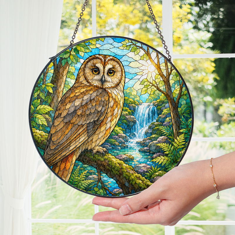 Forest Owl Stained Glass Suncatcher, Waterfall Window Hanging Decor, Gift for Bird Lovers