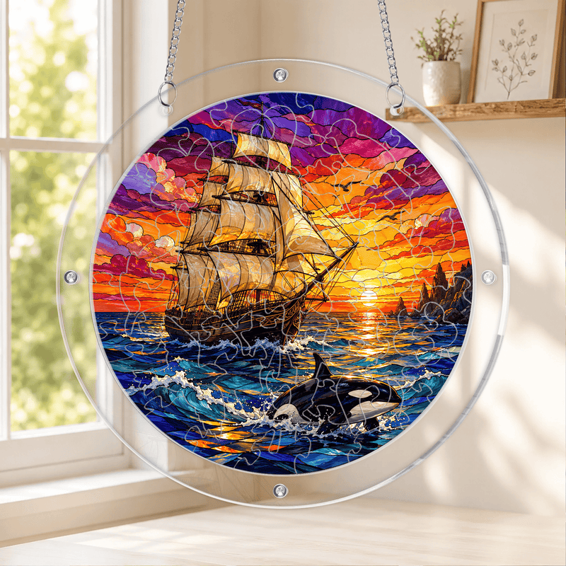 Tall Ship Acrylic Puzzle Suncatcher, Orca Ocean Window Decor, Nautical Gift