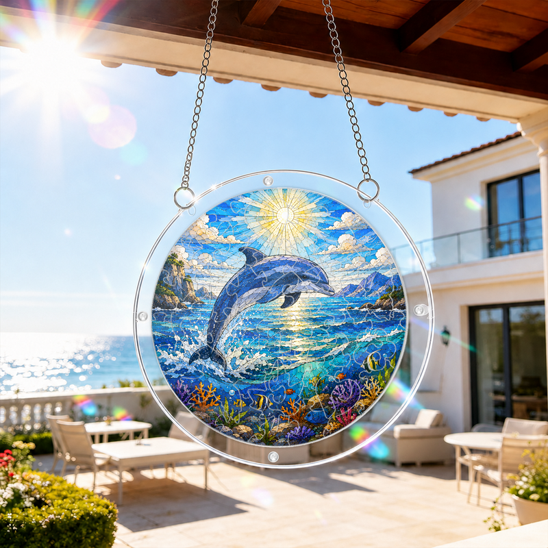 Dolphin Acrylic Puzzle Suncatcher, Ocean Window Hanging Decor, Gift for Dolphin Lovers