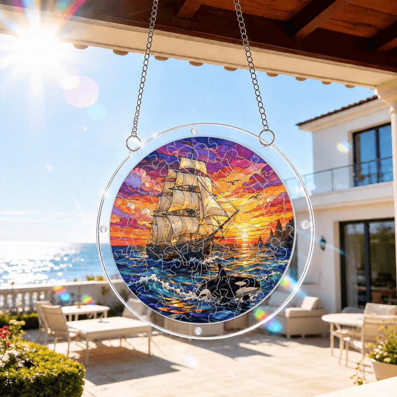 Tall Ship Acrylic Puzzle Suncatcher, Orca Ocean Window Decor, Nautical Gift