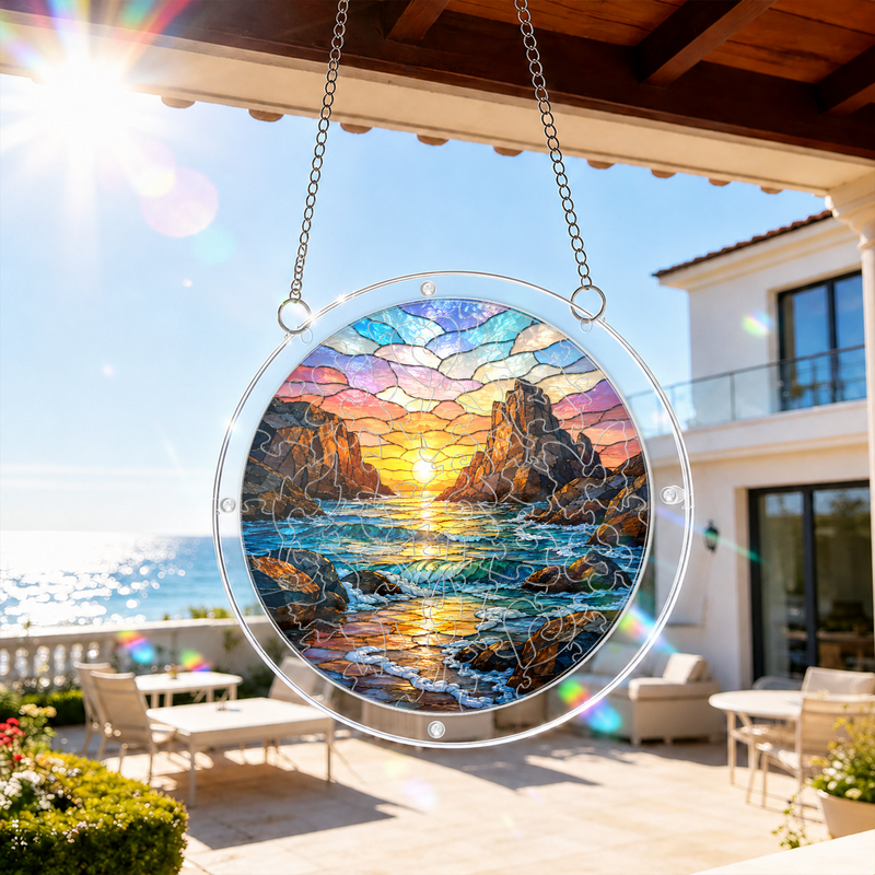 Coastal Sunset Acrylic Puzzle Suncatcher, Ocean Window Hanging Decor, Gift for Nature Lovers