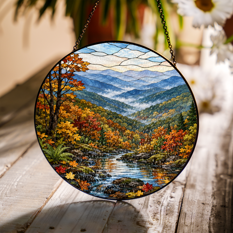 Fall Great Smoky Mountains Stained Glass Suncatcher, National Park Window Decor, Nature Lover Gift